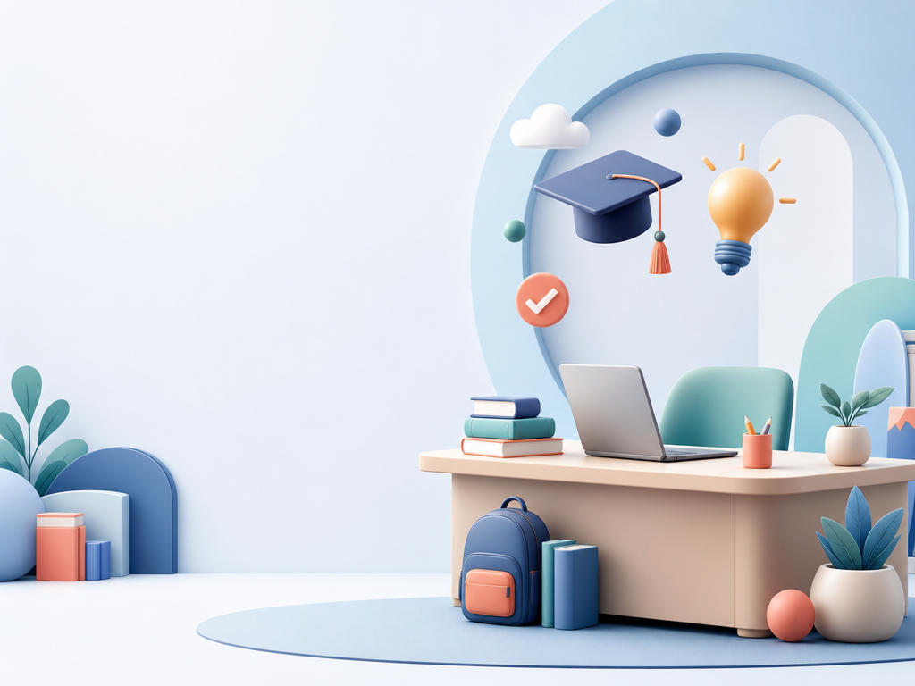 A school workspace with books, laptop, and graduation cap — built around real education